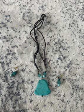 Turquoise Stone Bell Pendant Necklace with Matching Earrings - Turquoise